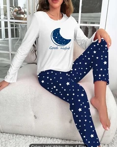 Starry Print Pajama Set Long Sleeve Crew Neck Top& Elastic Waistband Pants - Picture 1 of 5