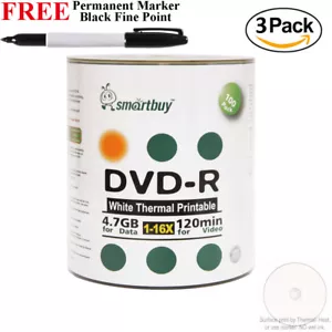300 Smartbuy DVD-R 16X 4,7 GB blanco imprimible térmico + marcador permanente negro - Imagen 1 de 2