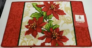 PRINTED NYLON RUG, 18"x30"(nonskid) WINTER CHRISTMAS POINSETTIA FLOWERS, rec, HH - Picture 1 of 8