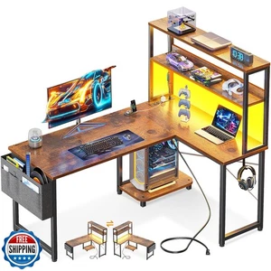 Casaottima Gaming Desk with Power Outlets and LED Lights, 43 Inch Reversible - Picture 1 of 5