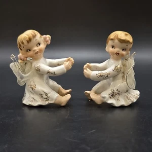 Abrazadores de velas Siro Angel vintage Navidad oro blanco niña niño cerámica reparada - Imagen 1 de 16
