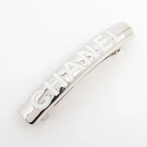 Chanel Logo B25C Hair Slide metal silver x white - Picture 1 of 7