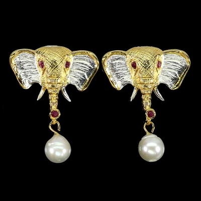 Pendientes de plata de ley 925 redondos rubí perla piedras preciosas elefante joyería Foto 1 de 4