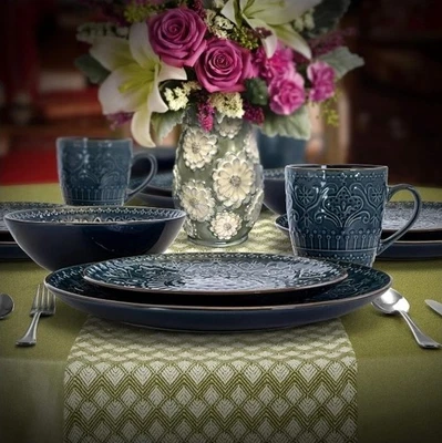 Vajilla Elama Gres Deepsea Mozaic Esmaltado Moderno, 16 Piezas Azul Mar, Juego de 4 Foto 1 de 4