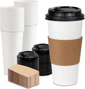 50 Pack 24 Oz Disposable Coffee Cups with Lids, Sleeves, Leak-Proof to Go Coffee - Picture 1 of 12
