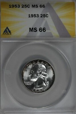 1953  .25   ANACS   MS 66  Washington Quarter, Silver 25 Cents (0.25) - Image 1 of 2