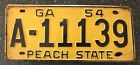 1954 GA License Plate Peach State Yellow Black Georgia USA