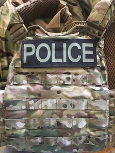 First Spear “POLICE” Patch , With Hooks Backing, Olive on Black, 8x3”. - Foto 1 di 3