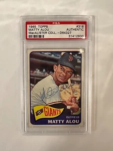 Matty Alou Topps 1965 auténtica tarjeta automática firmada a mano #318 grado PSA - Imagen 1 de 2