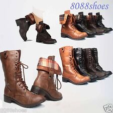 Soda Lace Up Low Heel Round Toe Foldable Military Combat Mid Calf Women's Boot  