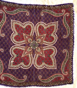 1950s Wool Scarf Made In Japan Paisley Purples and Red Hand Screen Print 30” Sq - Picture 1 of 6