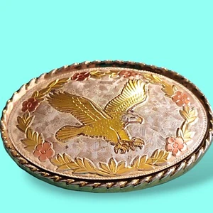 Multi Tone Gold And Silver Plate Western Flying Eagle Oval Belt Buckle  - Picture 1 of 7