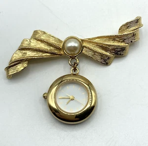 Vtg Monet Hanging Dangle Watch Gold Tone Faux Pearl Ribbon Brooch Pin 2 3/4" L - Picture 1 of 9