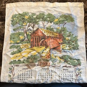 Calendario de lino 1985 toalla de té puente cubierto vintage - Imagen 1 de 4