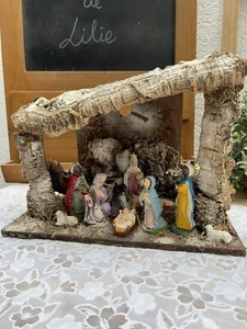 Ancienne Crèche en Bois Complète avec Santons Fixes Jésus Scène de la Nativité - Afbeelding 1 van 20