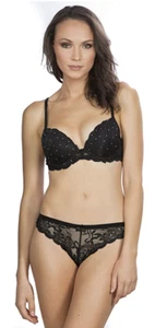 HERS BY HERMAN Bejeweled U/W Pushup Bra Sz 36C w/Thong Panties Sz L - Black - Picture 1 of 4