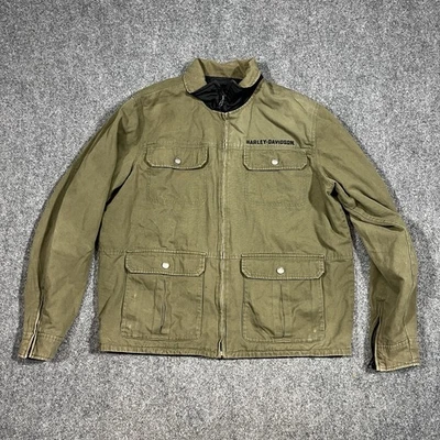 Harley Davidson 夹克男式 XL 高双面帆布机械轰炸机拉链橄榄色 — 第 1/4 张图片