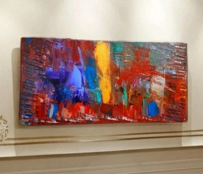 Modern Vibrant/Glowing See Vid Orig Rare Abstract Acrylic Painting Canvas 10x20 - Image 1 of 4