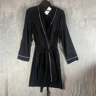 Alfani Womens Robe XL Black White Trim Tie Waist Knee Length Long Sleeve Pockets - Image 1 of 4