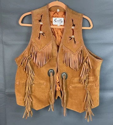 Vintage International Male Beaded Suede Leather Fringe Vest Western Boho Sz 42 - Image 1 of 4