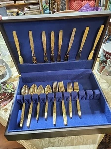 40 pc Gold Plated Flower Rogers Flatware Silverware Stainless Steel Korea + Box - Picture 1 of 6