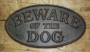 Cast Iron BEWARE OF THE DOG Oval Plaque Sign Rustic Ranch Wall Decor Kennel   - Picture 1 of 1