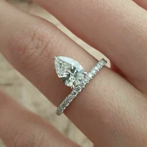 14K White Gold FN 1.50 Ct Lab Created Diamond Pear Engagement Wedding Ring - Picture 1 of 3