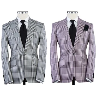 Клетчатые мужские костюмы Slim Fit Peak лацкан официальный смокинг жених однобортный - Изображение 1 из 4