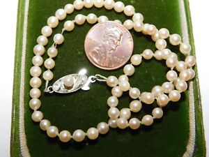 British Vintage White 4mm Pearl strand 16" Necklace Silver Clasp 10h 113