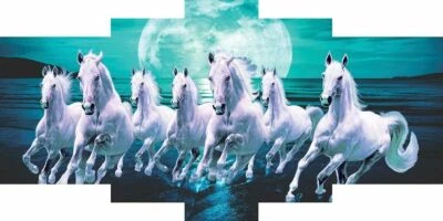 New 7 Running Horses Vastu UV Textured Set of 5 Large Panel Painting 36'' X 18'' - Image 1 of 4