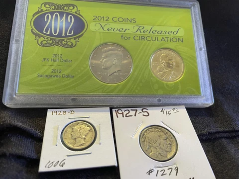 2012 JFK and Sacagawea (Never Released) & 1928-D Dime & 1927-S Nickel (Lot of 4) Cover