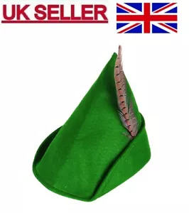 ADULT FANCY DRESS ROBIN HOOD GREEN HAT PETER PAN CAP WITH FEATHER MEDIEVAL - Picture 1 of 2
