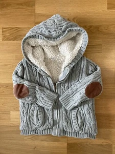 4T Boys EGG Brand Hoodie Cable Sweater Sherpa Lining Leather Patches Grey White - Picture 1 of 4