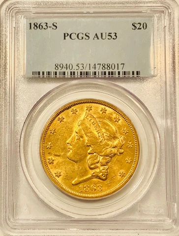 1863-S $20 PCGS AU53 Liberty  Double Eagle Gold Coin lustrous great eye appeal Cover