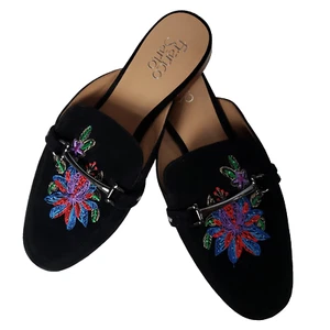 Franco Sarto Dalton Mules Womens 9.5 Black Floral Embroidered Slip On Flats Shoe - Picture 1 of 11