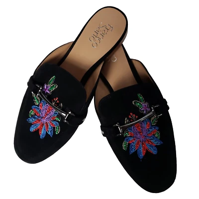 Franco Sarto Dalton Mules Womens 9.5 Black Floral Embroidered Slip On Flats Shoe - Image 1 of 4