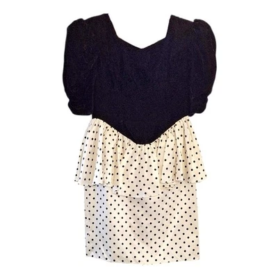 Vintage Gunne Sax Girls Black and Ivory Polkadot Formal Dress Velvet 12 - Image 1 of 4