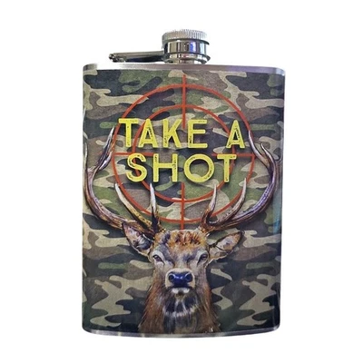 Take A Shot 8oz Flask Stainless Steel Camo Deer Hunting Hip Novelty Liquor Gift - Image 1 of 3