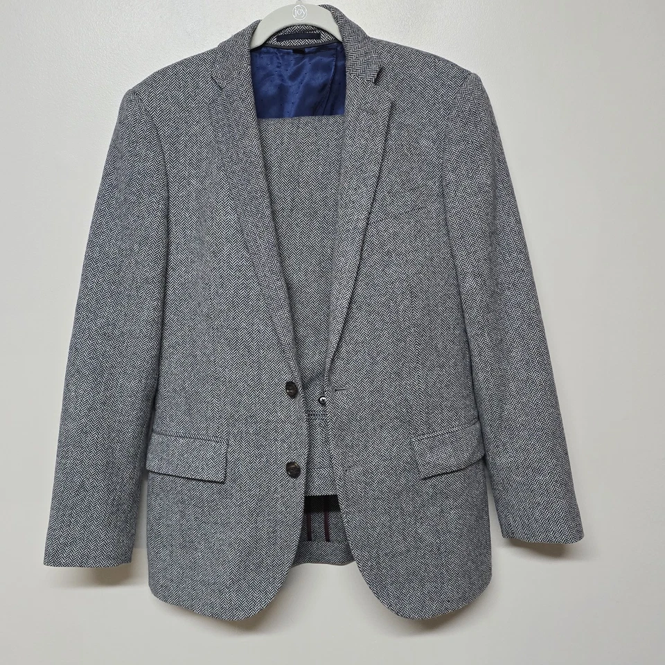 J. Terno fino Crew Ludlow Moon lã britânica cinza/azul espinha de peixe 36S 31x30 - Imagem 1 de 4