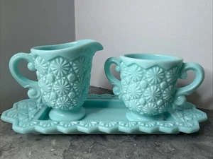 Vintage Westmoreland Aqua Milk Glass Daisy & Button Creamer Sugar w/ Tray - Picture 1 of 13