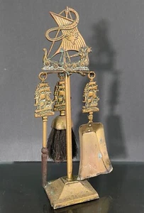 Vikings Windjammer Sailing Ships Antique Small 17" Brass Fireplace Tools - Picture 1 of 18
