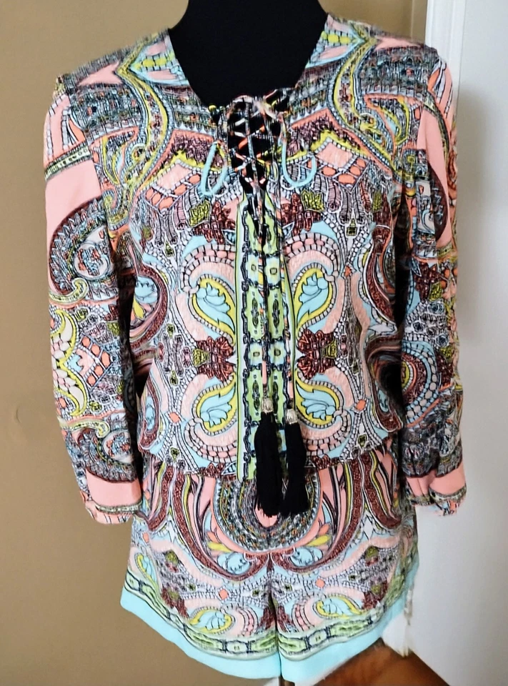 Lindo Chic Bisou Bisou Paisley Multi Pasteles Boho Mameluco Mangas Globo EE. UU. Talla XL Foto 1 de 4