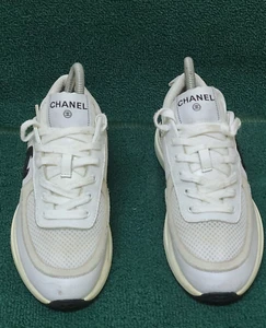 CHANEL Mesh Lycra Suede Womens Logo Sneakers 37 White Black - Picture 1 of 10