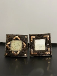 Hand Embroided Mini Picture Frame 2 Brown Gold 3 x 3” Holds Pic 1.75 x 1.75” - Picture 1 of 7