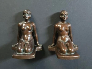 RARE ORIGINAL C1920s DECO NUART FRANKART NUDE FLAPPER MODEL DARK BRONZE BOOKENDS - Picture 1 of 15