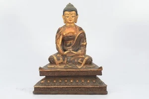 Gold-Gilt Meditating Shakyamuni Buddha Statue Antique Tibetan Religious Figurine - Picture 1 of 7