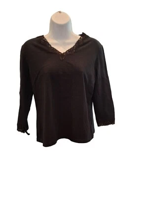 Croft Barrow Womens Top Petite M Black Stretch Lace Trim VNeck 3/4 Sleeve Goth - Image 1 of 4