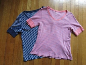 2er Set LL Bean Top Damen M koralle marine gestreift V-Ausschnitt 100% Baumwolle SS V gut - Bild 1 von 10