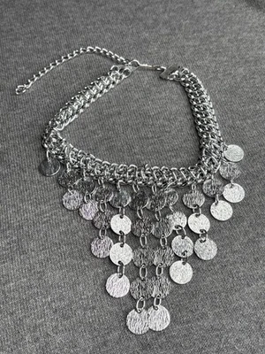 Sarah Coventry Pyramid Treasure Necklace Silvertone Statement Dangle Disks - Image 1 of 3