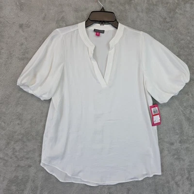 Vince Camuto Hammered Satin Puff Sleeve Top Women's Size XS White Lined V-Neck - Image 1 of 4